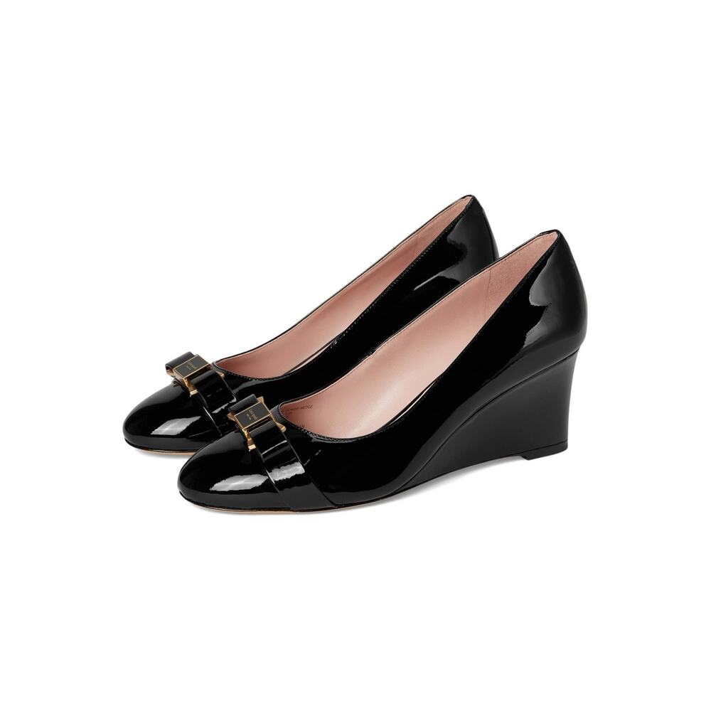 Women's Kate Spade New York Bowdie Wedge Pumps Heels Black Patent Size 9.5